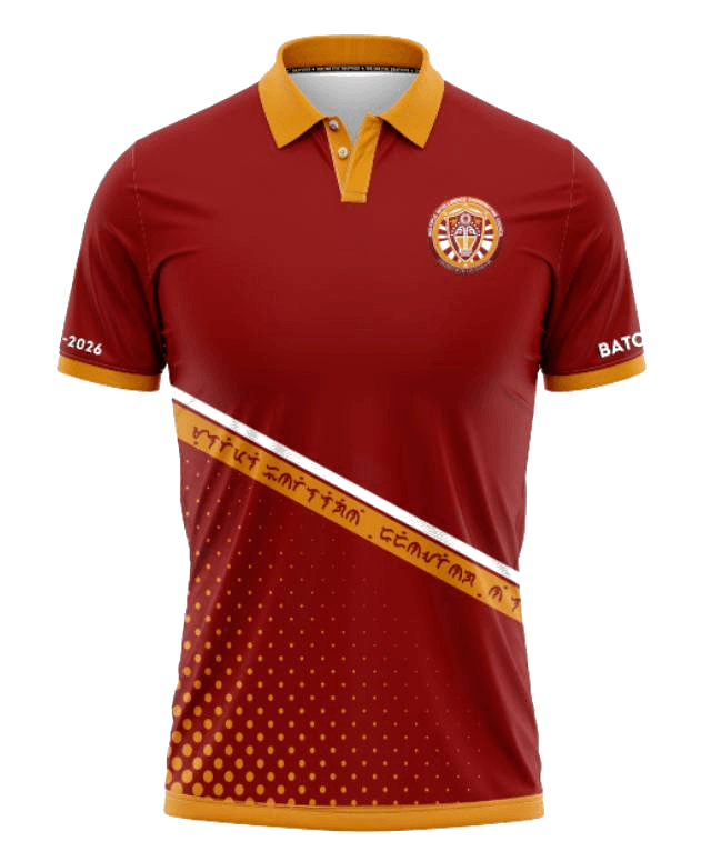 Custom front-facing maroon and gold sublimated polo shirt
